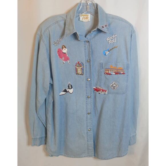 VINTAGE TIA DESIGNS Denim Jean Shirt 1950's Theme Size S Women's Rock n Roll - Picture 1 of 11
